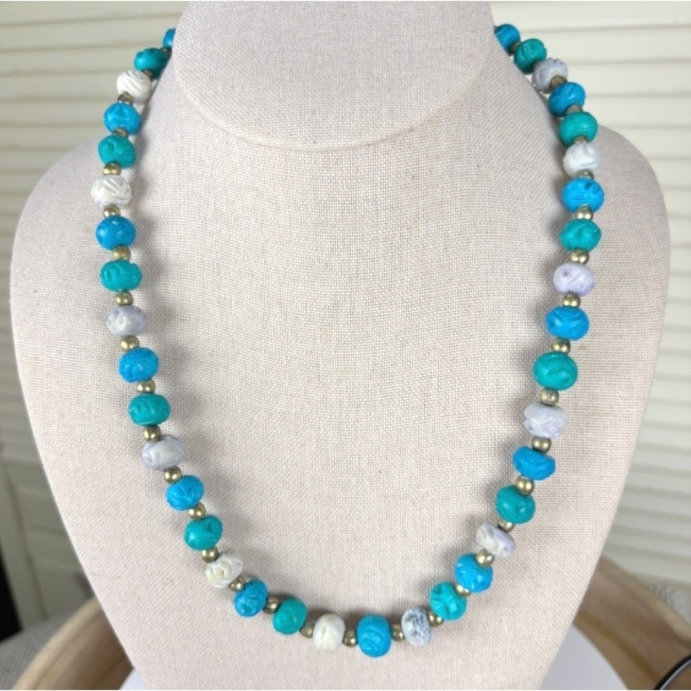 Boho Carved Turquoise Beads Paired with Complementary Colored Gemstones Necklace